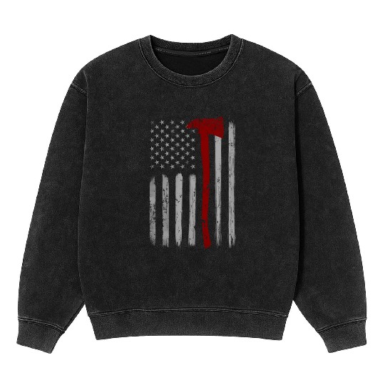 Thin Red Line Patriotic Firefighter Usa Flag Axe Mineral Wash Sweatshirts