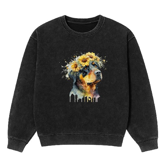 Watercolor Rottweiler Sunflower Dog Breed Pet Pupp Mineral Wash Sweatshirts