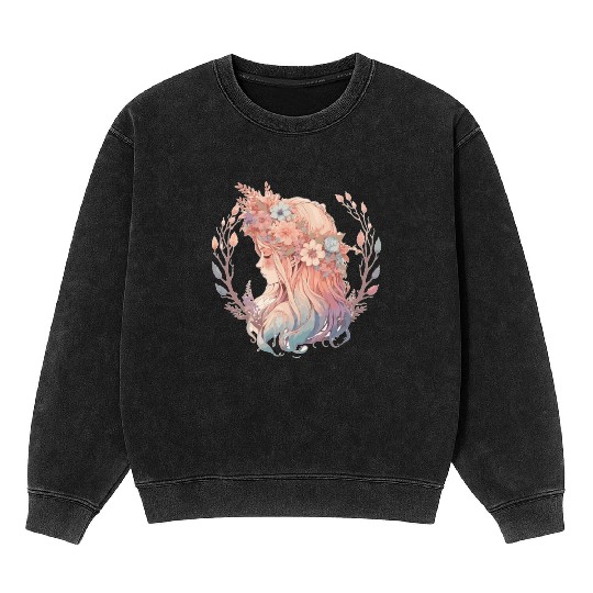 Beautiful Flower Crown Girl Pastel Fairy Cottageco Mineral Wash Sweatshirts