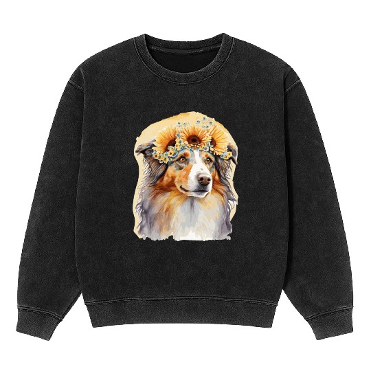 Cute Aussie Australian Shepherd Sunflower Dog Bree Mineral Wash Sweatshirts