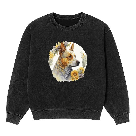 Watercolor Australian Cattle Sunflower Dog Breed P Mineral Wash Sweatshirts