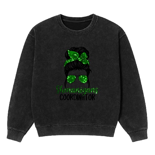 Shenanigans Coordinator Messy Bun St Patric Day Mineral Wash Sweatshirts