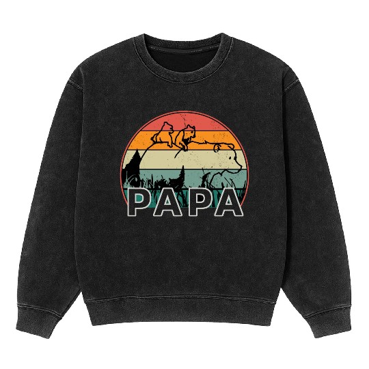 Papa Bear With Cubs Retro Grizzly Bear Forest Tree Mineral Wash Sweatshirts