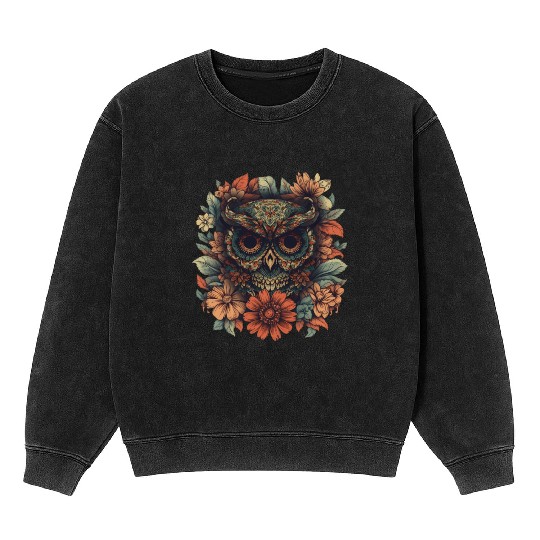 Owl Vintage Dia De Los Muertos Floral Sugar Mineral Wash Sweatshirts