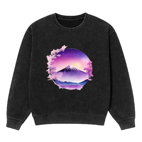 Japan Mount Fuji Dreamy Lo-Fi Style Retro Purple Mineral Wash Sweatshirts