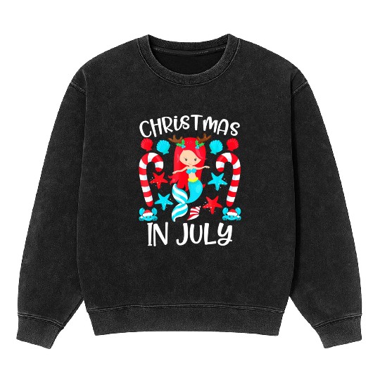 Christmas In July Cute Mermaid Summer Mineral Wash Sweatshirts