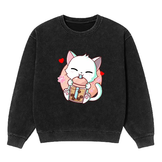 Cat Boba Tea Bubble Tea Kawaii Anime Japanese Mineral Wash Sweatshirts