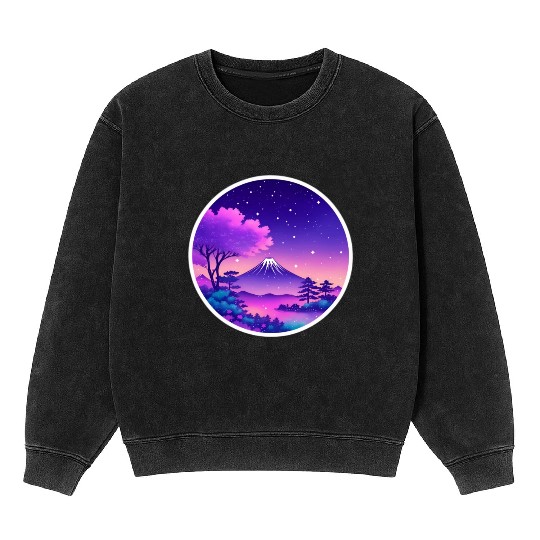 Japan Mount Fuji Night Sky Lo-Fi Art Retro Purple Mineral Wash Sweatshirts