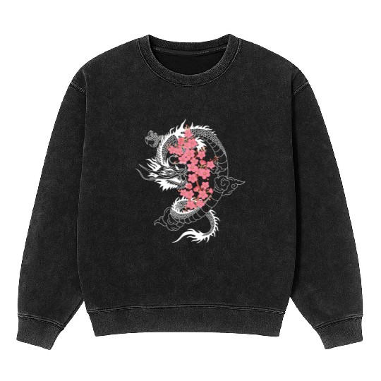 Dragon Japanese Cherry Blossom Culture Mineral Wash Sweatshirts