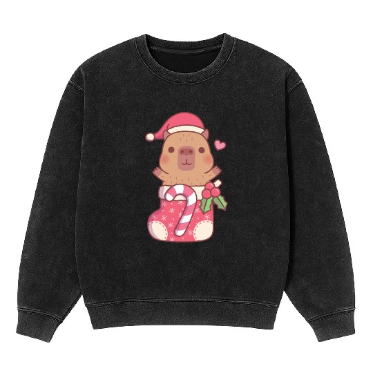 Cute Capybara In Christmas Stocking With Candy Mineral Wash Sweatshirts