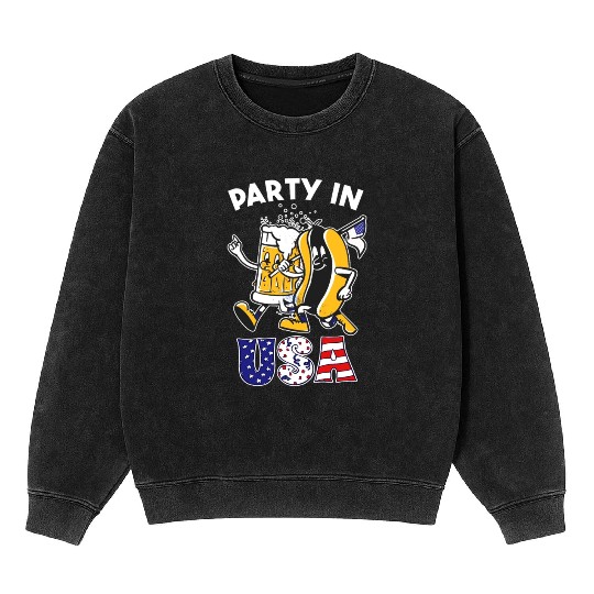 Party In The Usa Hot Dog Love Funny Fourth Of July Mineral Wash Sweatshirts