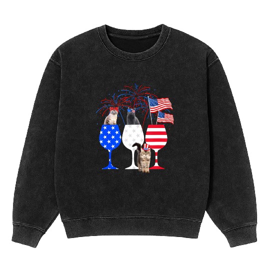 Cat 4Th Of July Red White Blue Wine Mineral Wash Sweatshirts