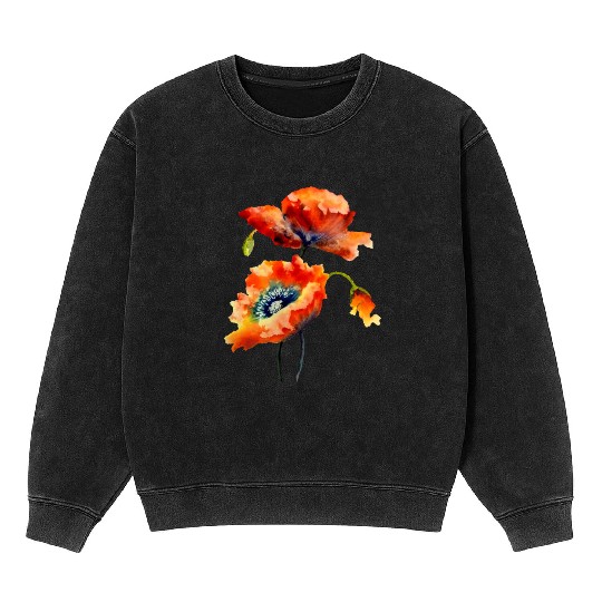 RED POPPIES Mineral Wash Sweatshirts, WATERCOLOR RED POPPIES TOP