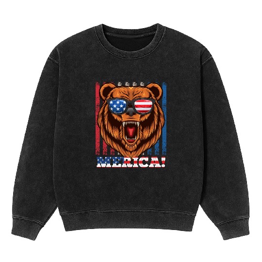 Merica Independence Day American Bear USA Party Mineral Wash Sweatshirts