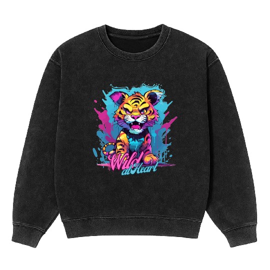 Vibrant Synthwave Sabertooth Tiger Graffiti Kids Mineral Wash Sweatshirts