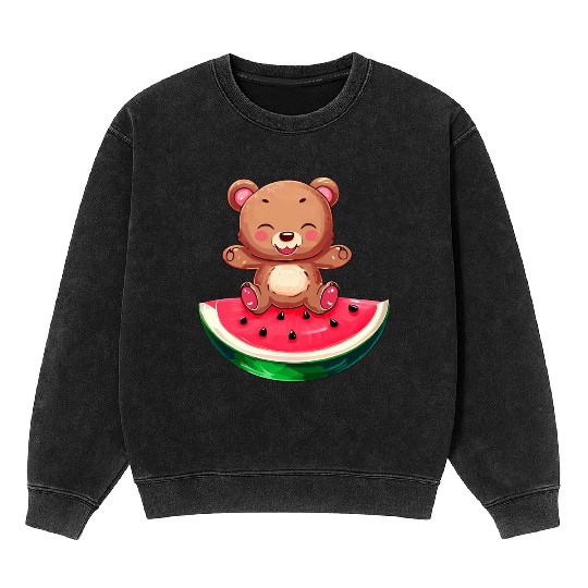 Bear Sits on Watermelon - Cute Nature Design Mineral Wash Sweatshirts