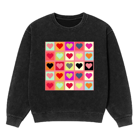 Colorful Retro Vintage Checkered Heart Y2K Pattern Mineral Wash Sweatshirts