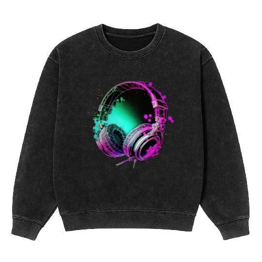 Neon DJ Headphones - Rainbow Rave Graffiti Art Mineral Wash Sweatshirts