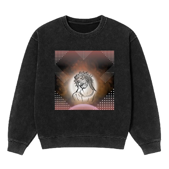 Sacred Jesus with Crown of Thorns Illustration Mineral Wash Sweatshirts