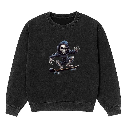 Embrace the Afterlife on Wheels: Grim Reaper Skate Mineral Wash Sweatshirts