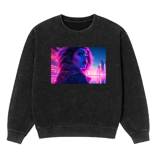 Synthwave Girl - Futuristic Design neon colors Mineral Wash Sweatshirts