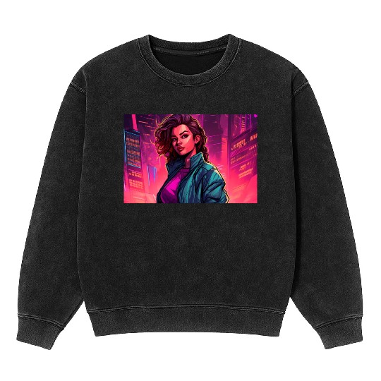 Girl in front of a Neon Pink Cityscape Mineral Wash Sweatshirts