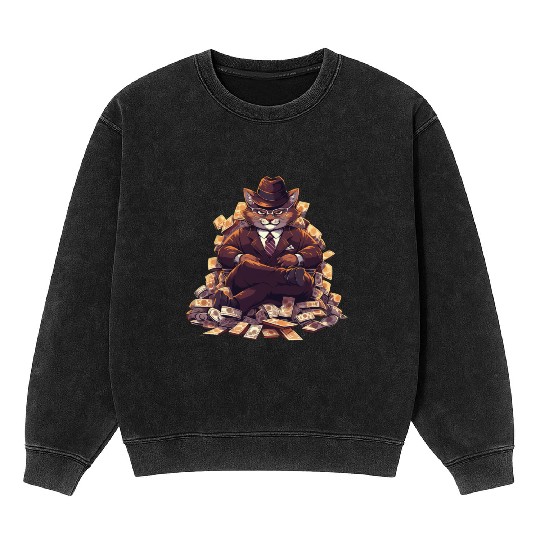 Gangster Cat Dressed In A Stylish Suit And Cash Mineral Wash Sweatshirts