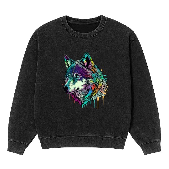 Vibrant Psychedelic Wolf Illustration Mineral Wash Sweatshirts