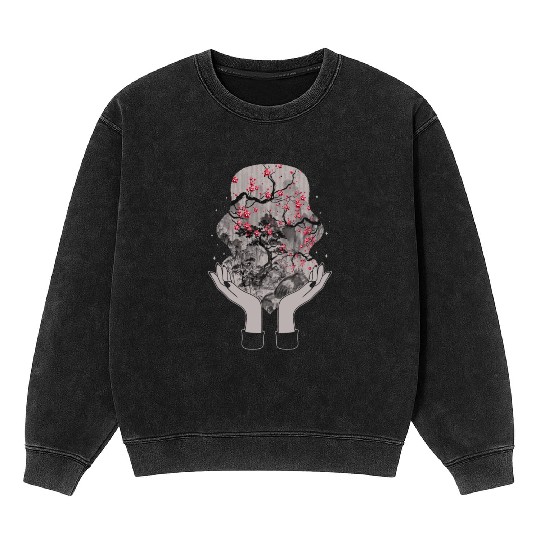 Cherry Blossom Mineral Wash Sweatshirts, Sakura Woodblock Kawaii