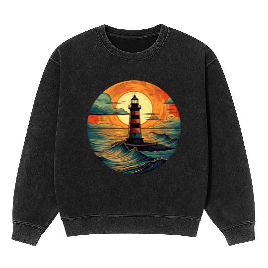 Lighthouse at Sunset, Romantic Nature Design Mineral Wash Sweatshirts