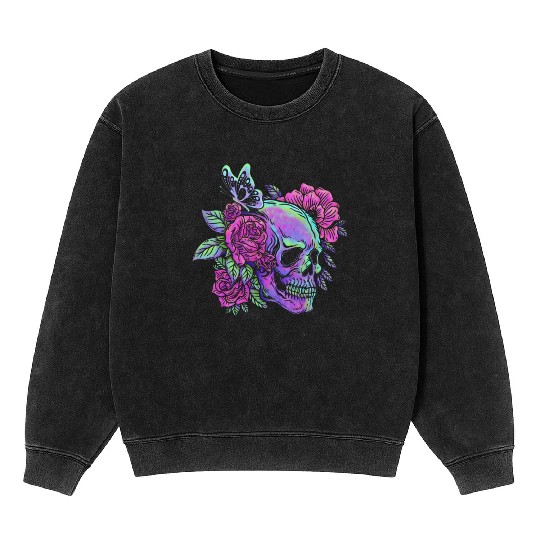 Skeleton Mineral Wash Sweatshirts, Neon Skull Roses Gothic Skeleton