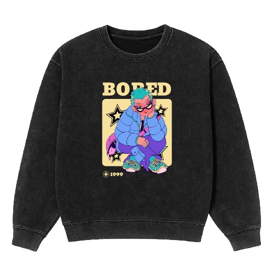 Black Cream Blue Y2K Anime Illustrated Bored Mineral Wash Sweatshirts