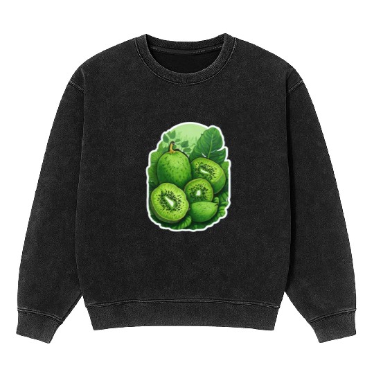 Green Kiwi Pattern Sticker Mineral Wash Sweatshirts