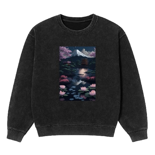 Asia Landscape by night Serene Mount Fuji Mineral Wash Sweatshirts