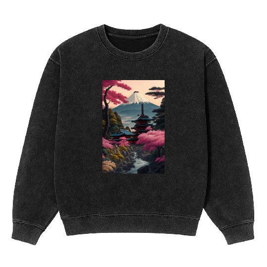 Asia Landscape Serene Mount Fuji Mineral Wash Sweatshirts