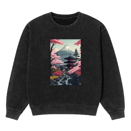 Asia Landscape Serene Mount Fuji Mineral Wash Sweatshirts