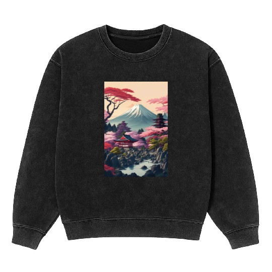 Asia Landscape Serene Mount Fuji Mineral Wash Sweatshirts