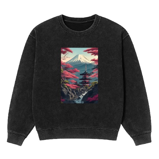 Asia Landscape Serene Mount Fuji Mineral Wash Sweatshirts