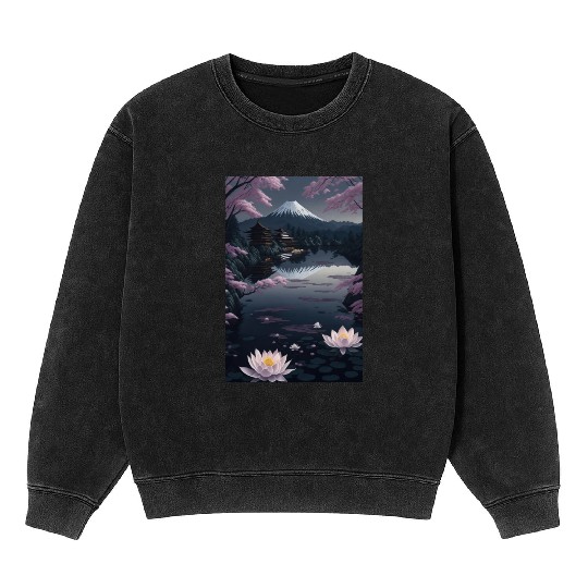 Asia Landscape by night Serene Mount Fuji Mineral Wash Sweatshirts