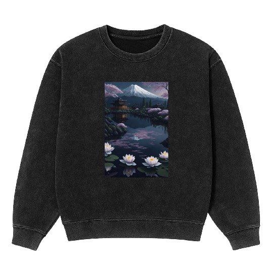 Asia Landscape by night Serene Mount Fuji Mineral Wash Sweatshirts
