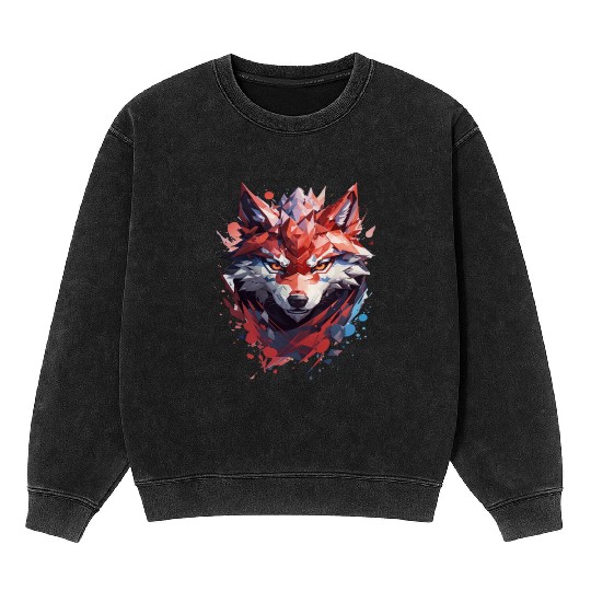 Polygonal Fox Print Mineral Wash Sweatshirts
