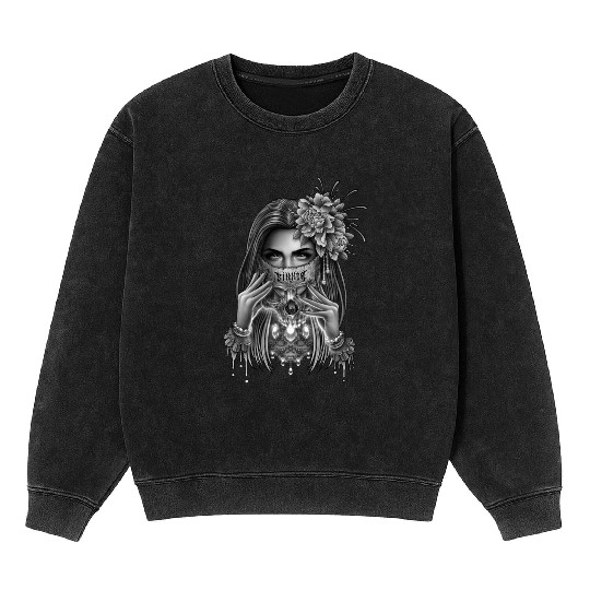 skull mask and peony flower Mineral Wash Sweatshirts
