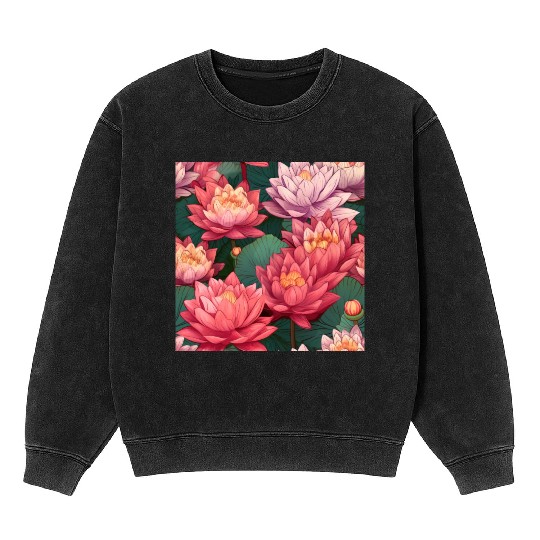 Serenity Blooms: Timeless Lotus Pattern Mineral Wash Sweatshirts