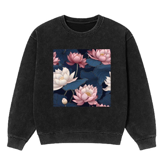 Serenity Blooms: Timeless Lotus Pattern Mineral Wash Sweatshirts