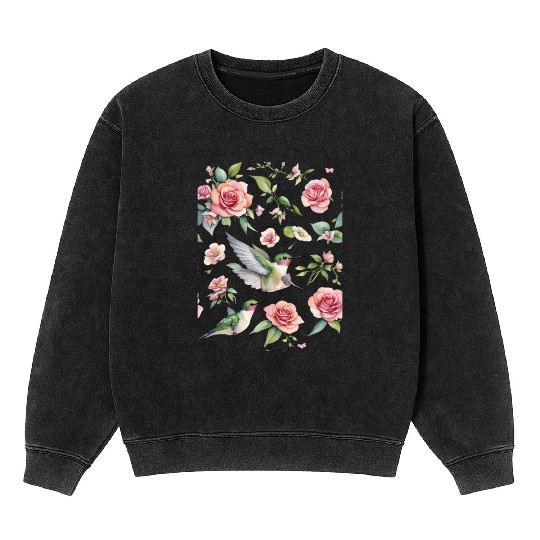 a little hummingbird and beautiful wildflowers Mineral Wash Sweatshirts