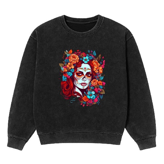 Dia de los muertos woman sugar skull with flowers Mineral Wash Sweatshirts