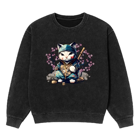 Samurai Cat Anime Kawaii Japanese Style Mineral Wash Sweatshirts