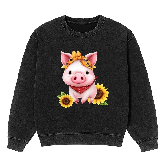 Pig with Bandana and Sunflower, Charming Farm Mineral Wash Sweatshirts