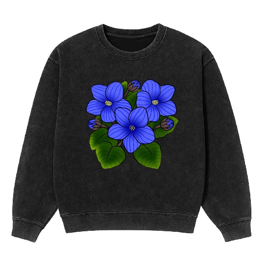 Blue African Violets In Black Mineral Wash Sweatshirts