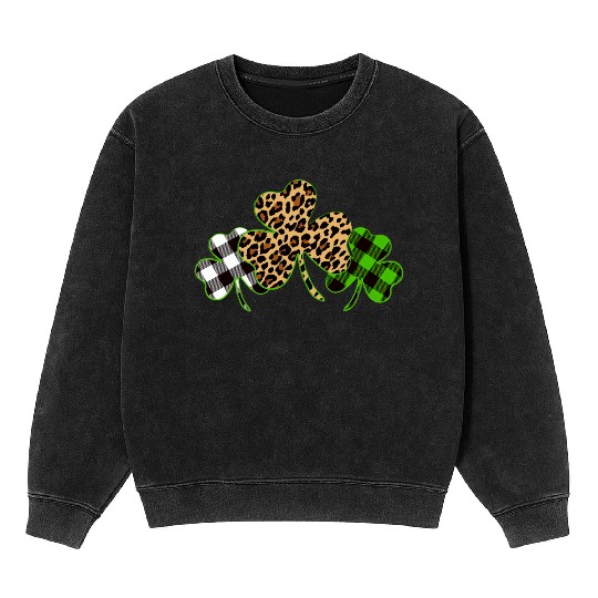St Patricks Day Leopard Print Plaid Shamrock Mineral Wash Sweatshirts